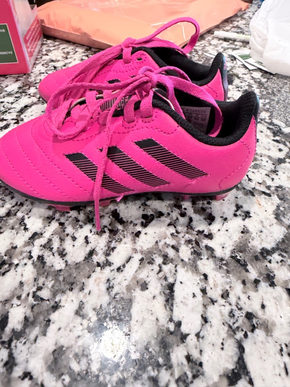 adidas Hot Pink Kids Soccer Shoes with Black Stripes